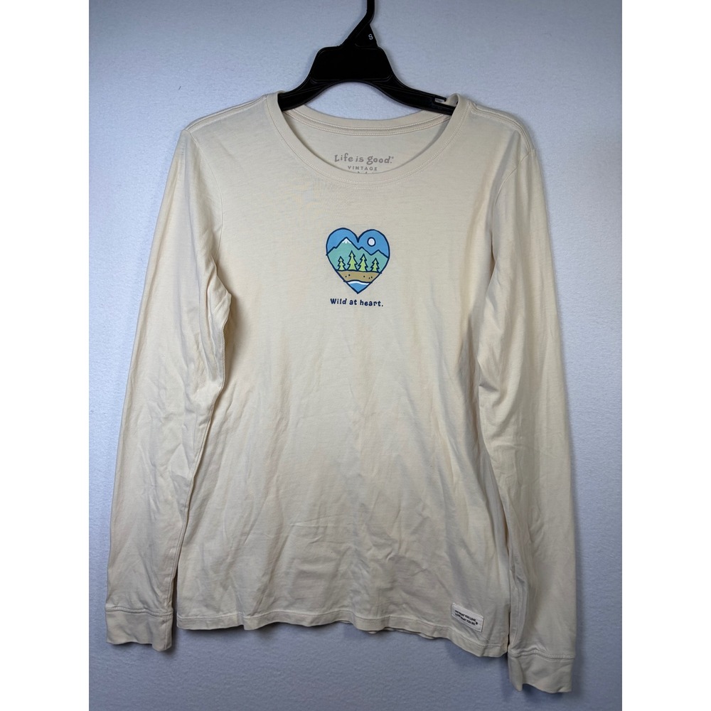 Life is Good T-Shirt Womens M Cream Good Wild at Heart Long Sleeve Vintage
